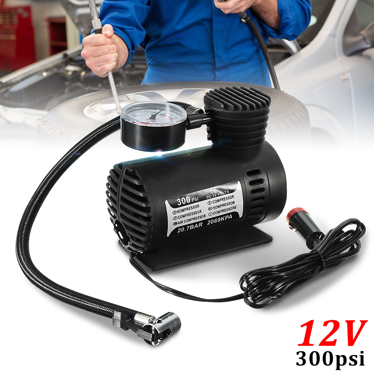 Portable Mini Air Compressor Pump (DC 12V, 300 PSI) – Power On the Go